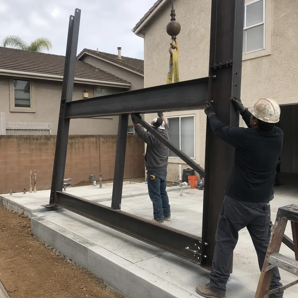 Construction workers installing steel structural frame for an ADU build.