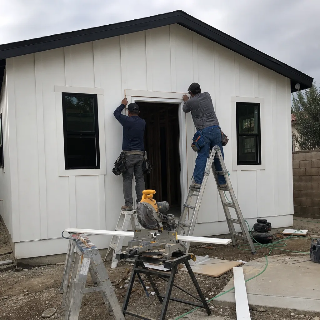 Two professional contractors installing door trim on a modern white ADU