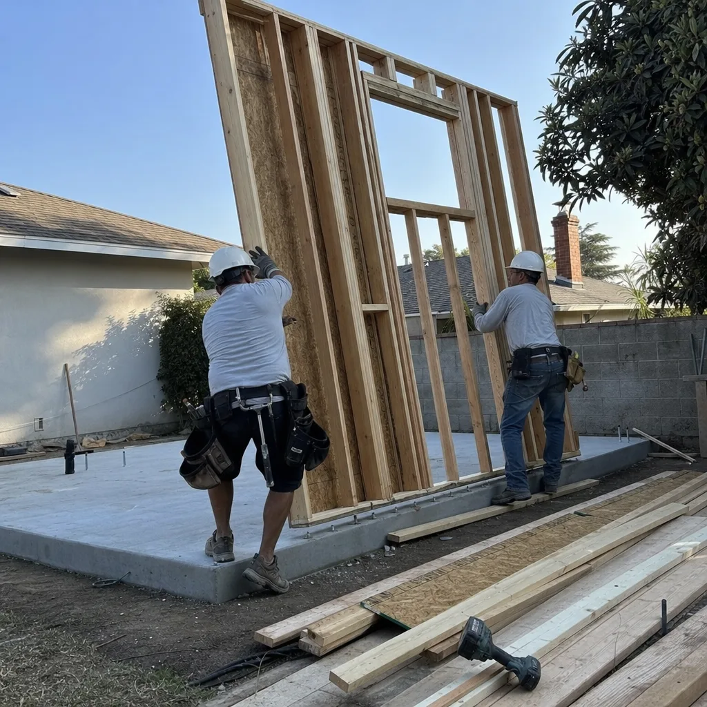 Professional construction workers installing an ADU wall frame on a foundation
