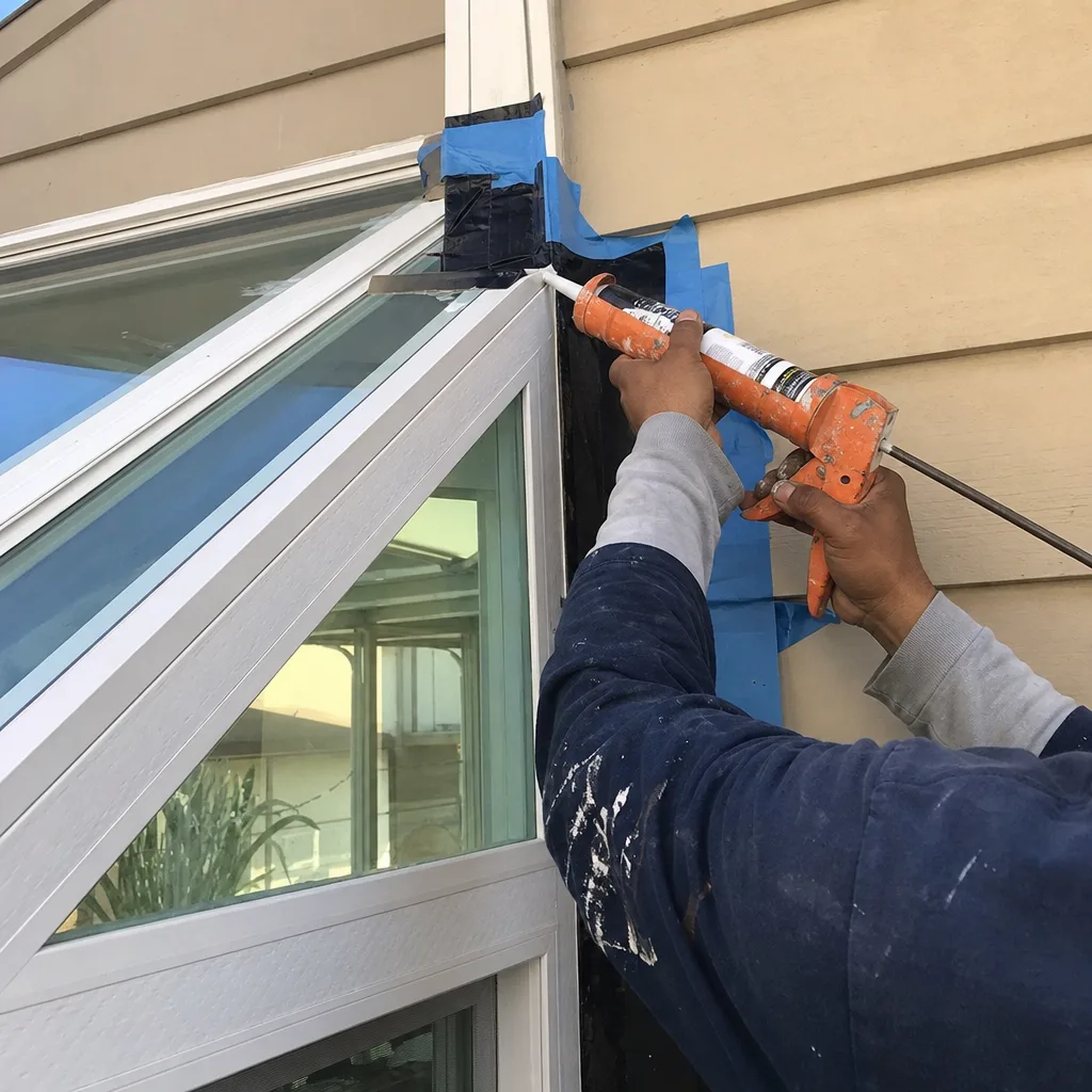 Contractor applying sealant to sunroom addition exterior frame