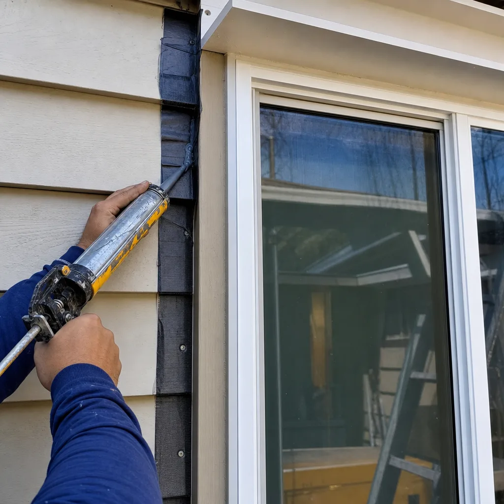 Contractor applying sealant to home addition window trim