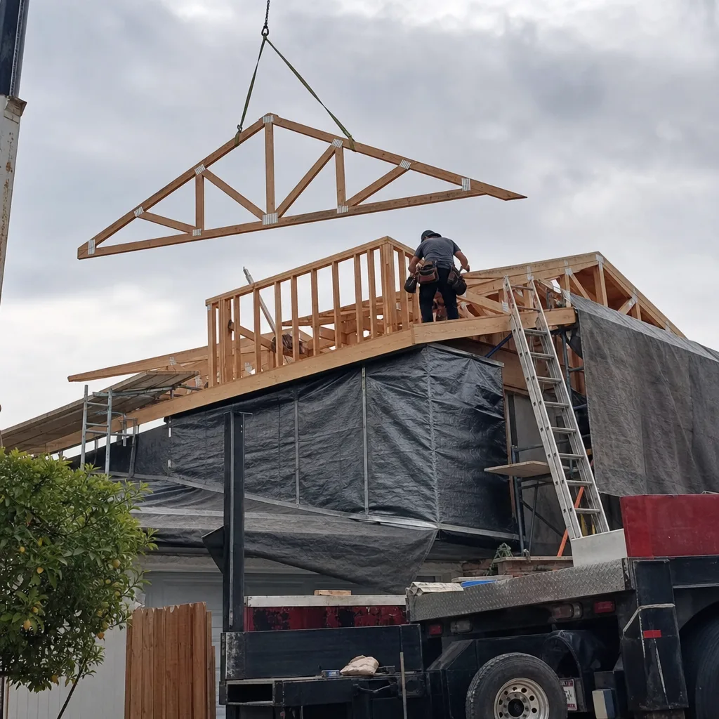 Contractor installing wooden roof trusses during a residential home addition project