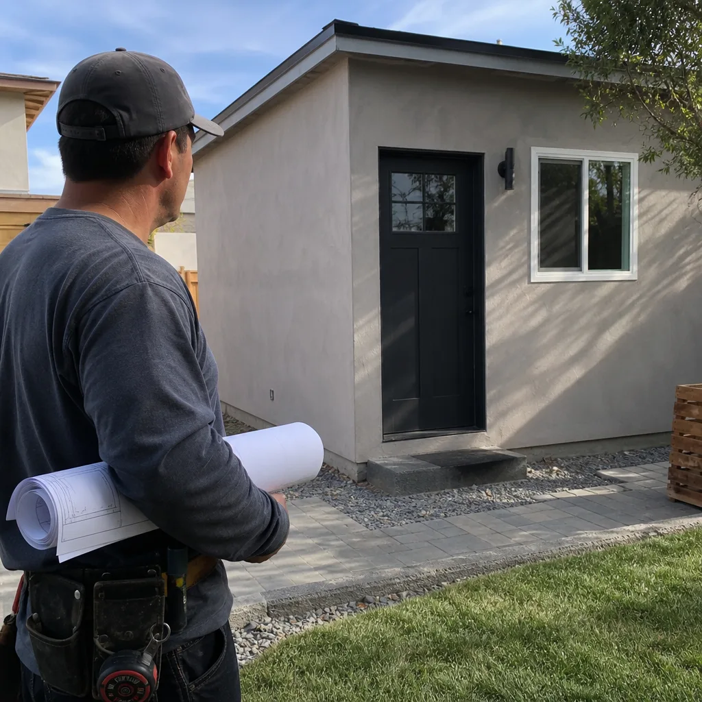 Contractor holding blueprints in front of a modern accessory dwelling unit