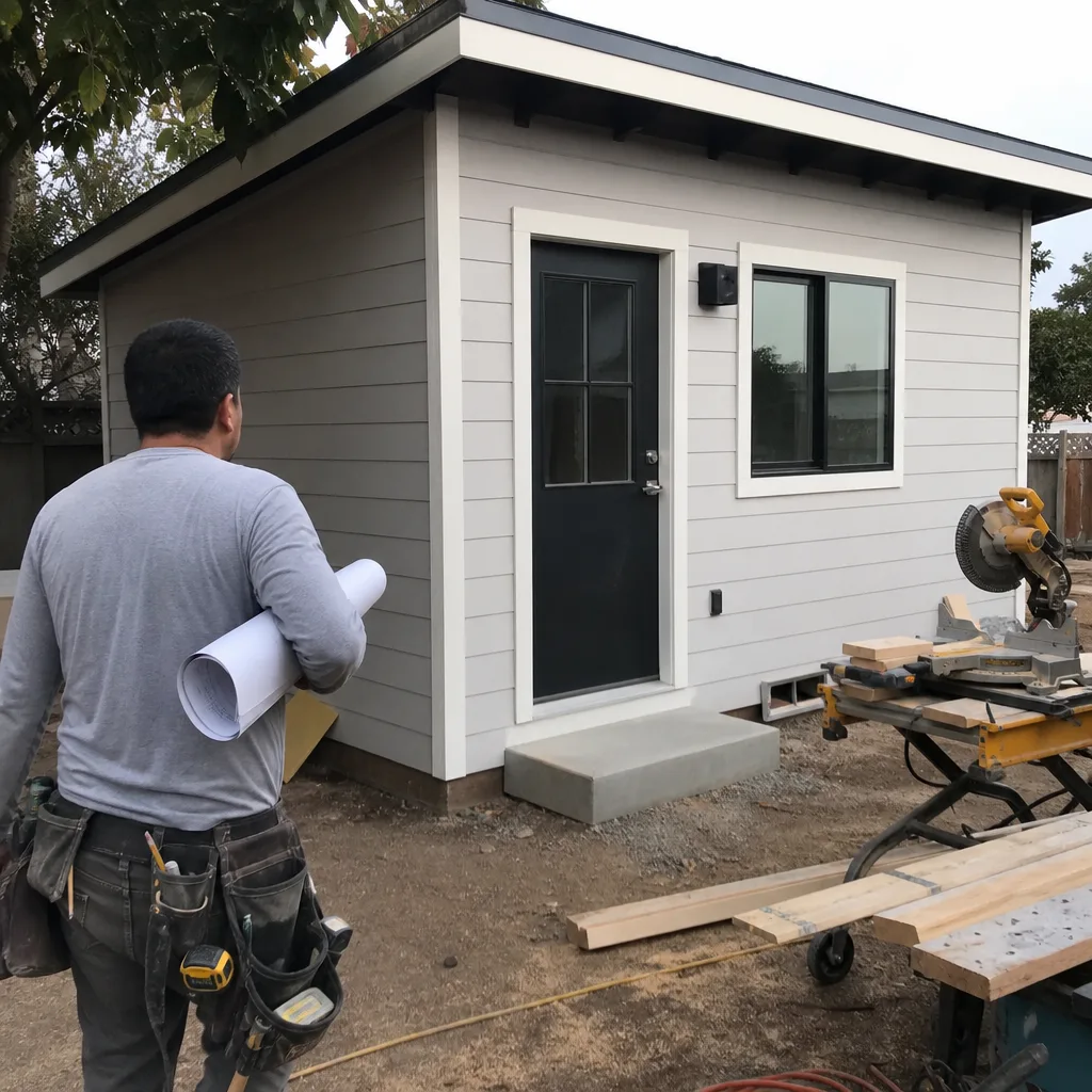 Contractor holding building plans in front of a modern backyard ADU