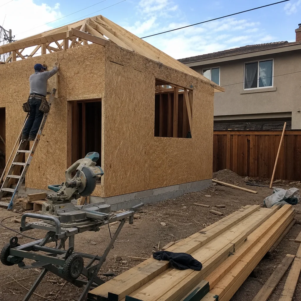 Contractor installing exterior wall sheathing on a room addition project